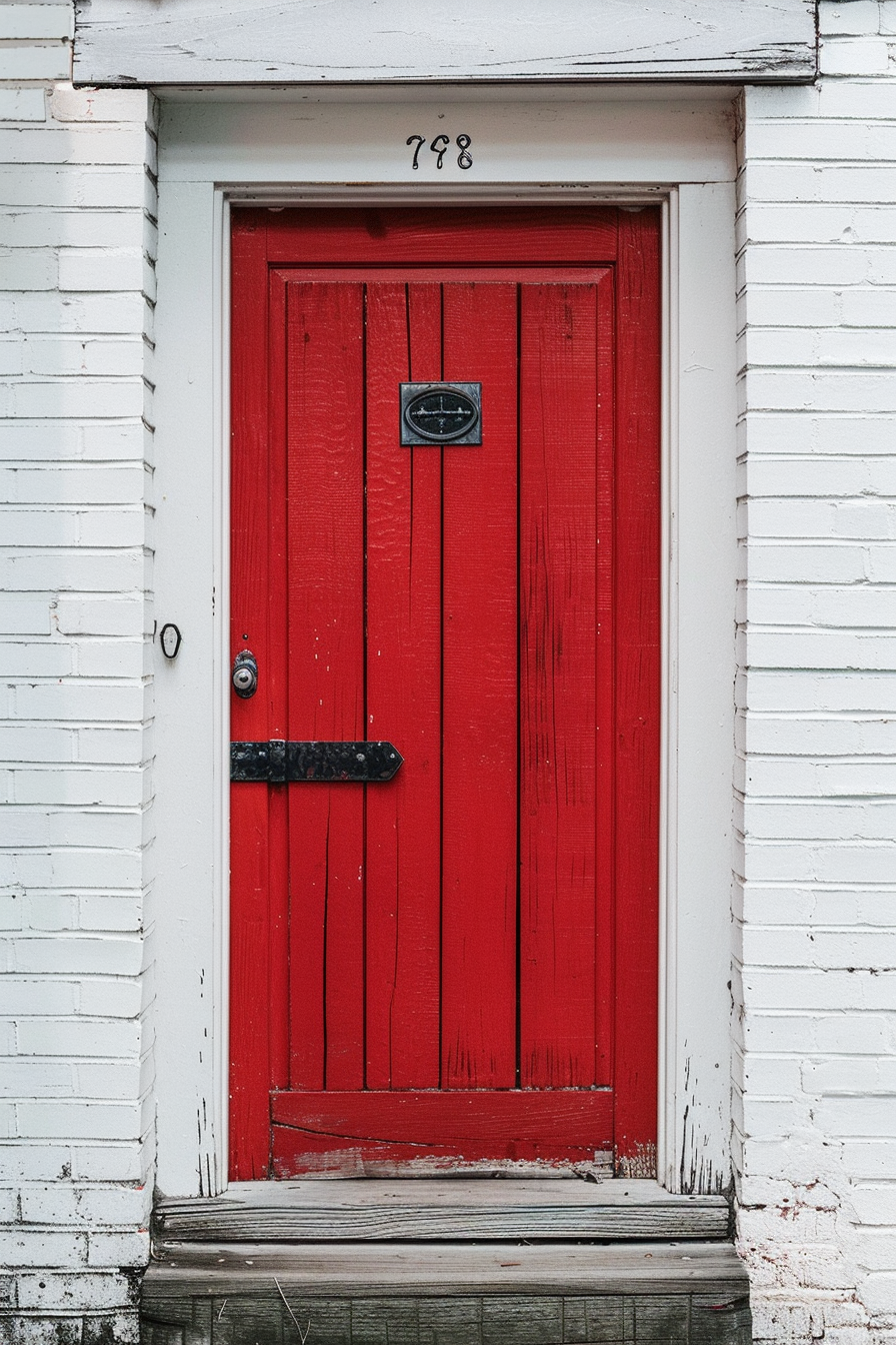 A vibrant red door set in a white, weathered wooden wall with the number 798 above it and a black metal handle.