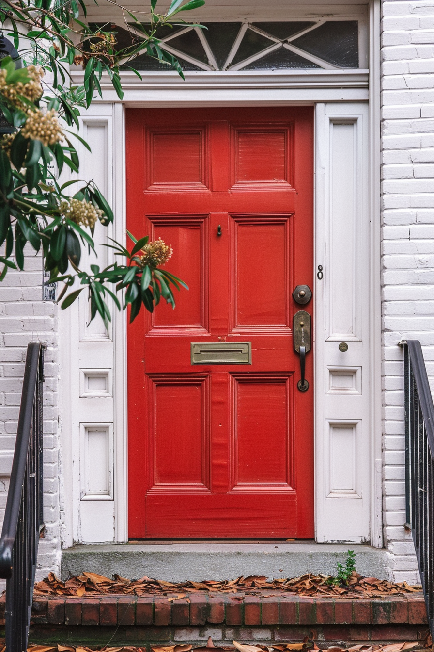 ALT: A bright red door on a white brick house with a transom window above, framed by greenery and with a doorstep covered in fallen leaves.