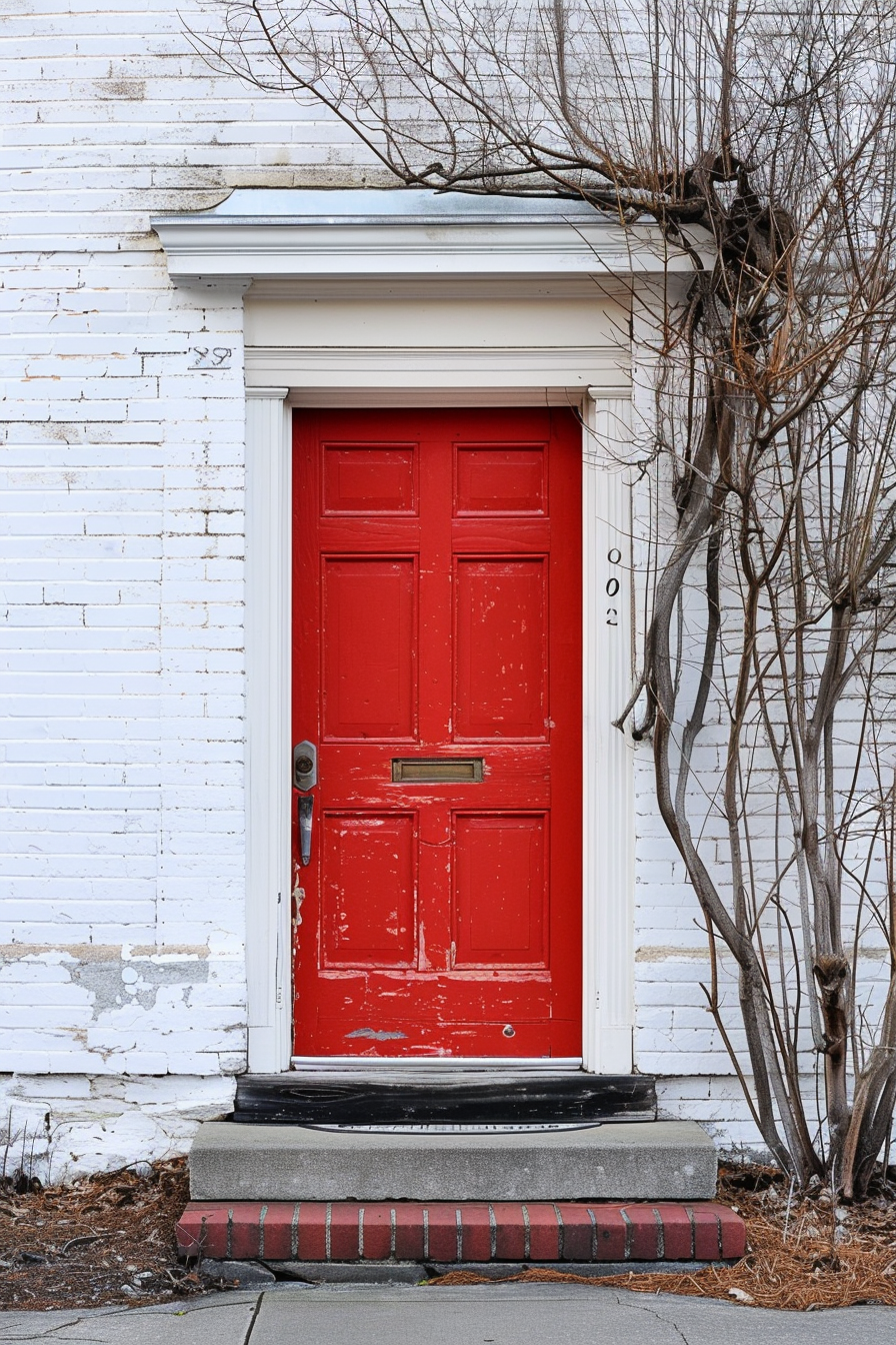Red door on a weathered white brick building with a bare tree on the side, displaying house number 029.
