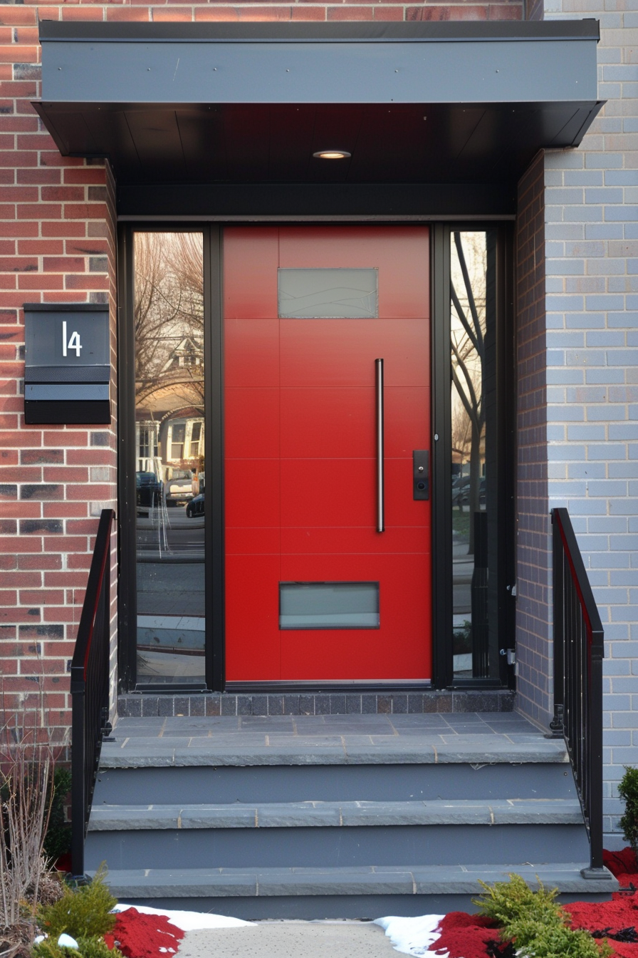 Red front door with glass panels on a modern house, flanked by brick walls and a small staircase, with address number 14 visible.
