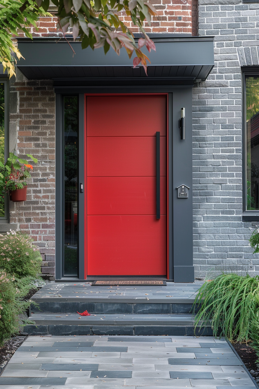 Modern home entrance with a bold red door, flanked by grey bricks and black trim under a daylight setting.