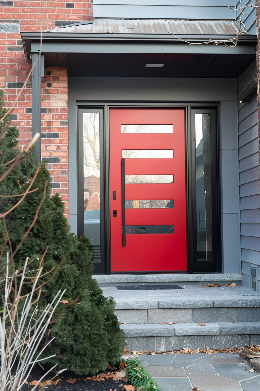 ALT text: A vibrant red modern front door with horizontal glass panels on a house with dark siding and brick accents, flanked by green shrubbery.