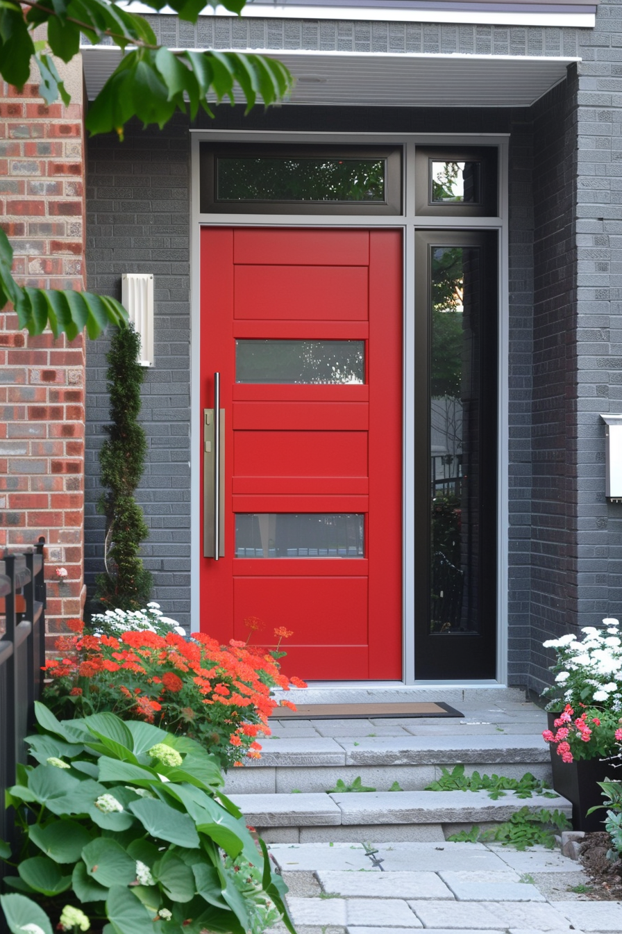 A vibrant red front door set within a gray brick home facade, framed by greenery and flowers.