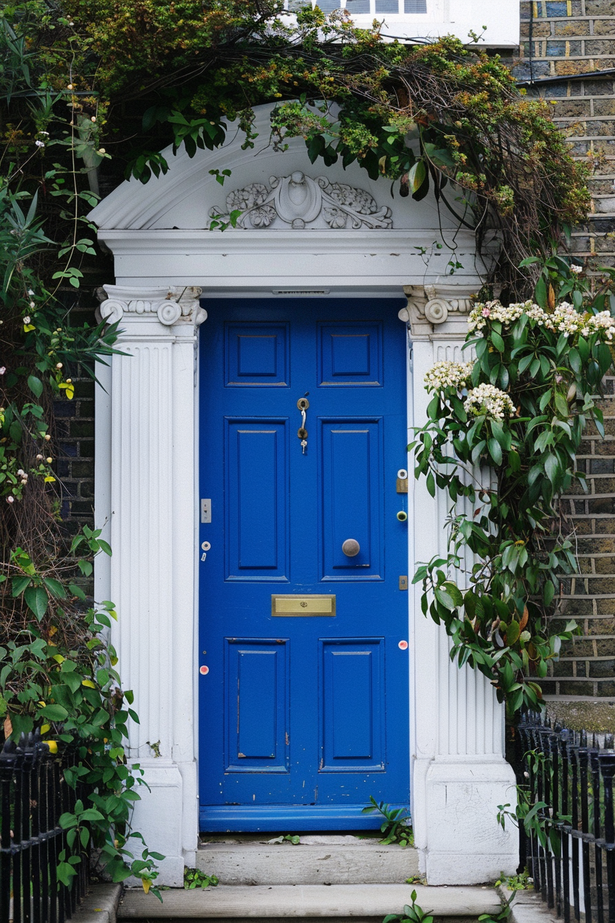 A vibrant blue door with intricate white trim and overhead greenery, set in a traditional brick building facade.