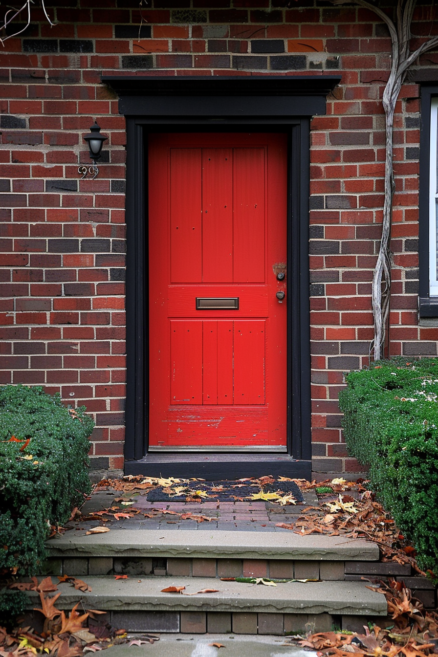 A bright red door on a traditional brick house flanked by green shrubs and scattered autumn leaves on the steps.