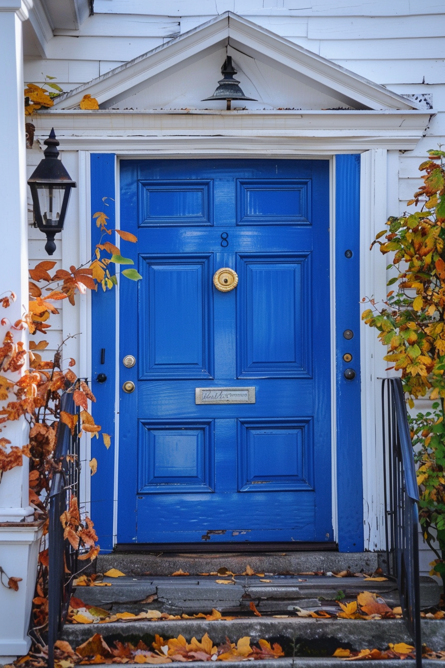 A bright blue door with the number 8, adorned with a mail slot and a door knocker, flanked by autumn leaves and a black lantern.