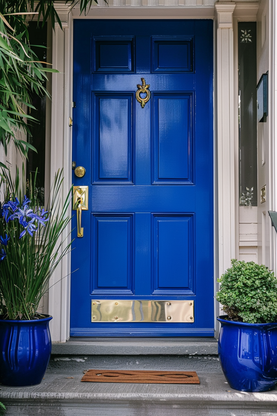 A vibrant blue door with gold hardware, flanked by matching blue planters and green plants, on a home's entryway.