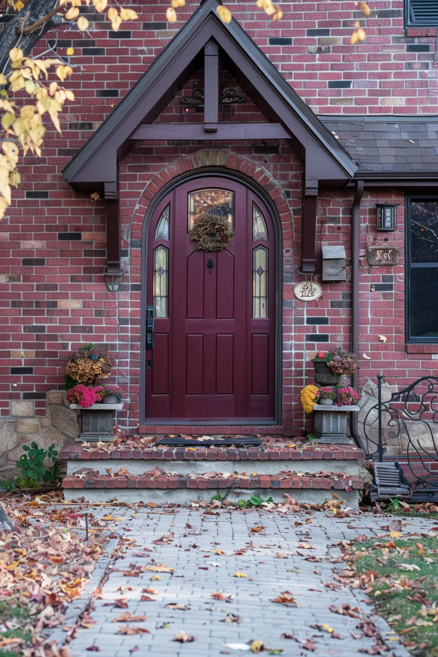 ALT: A brick house entrance with a burgundy door, autumn wreath, and fall foliage on the ground. Decorative plants flank the doorstep.