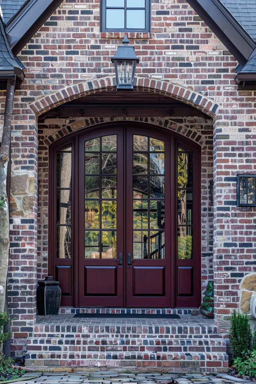 Elegant red double doors with glass panels, set in a brick archway entrance of a traditional house, with a lantern above.
