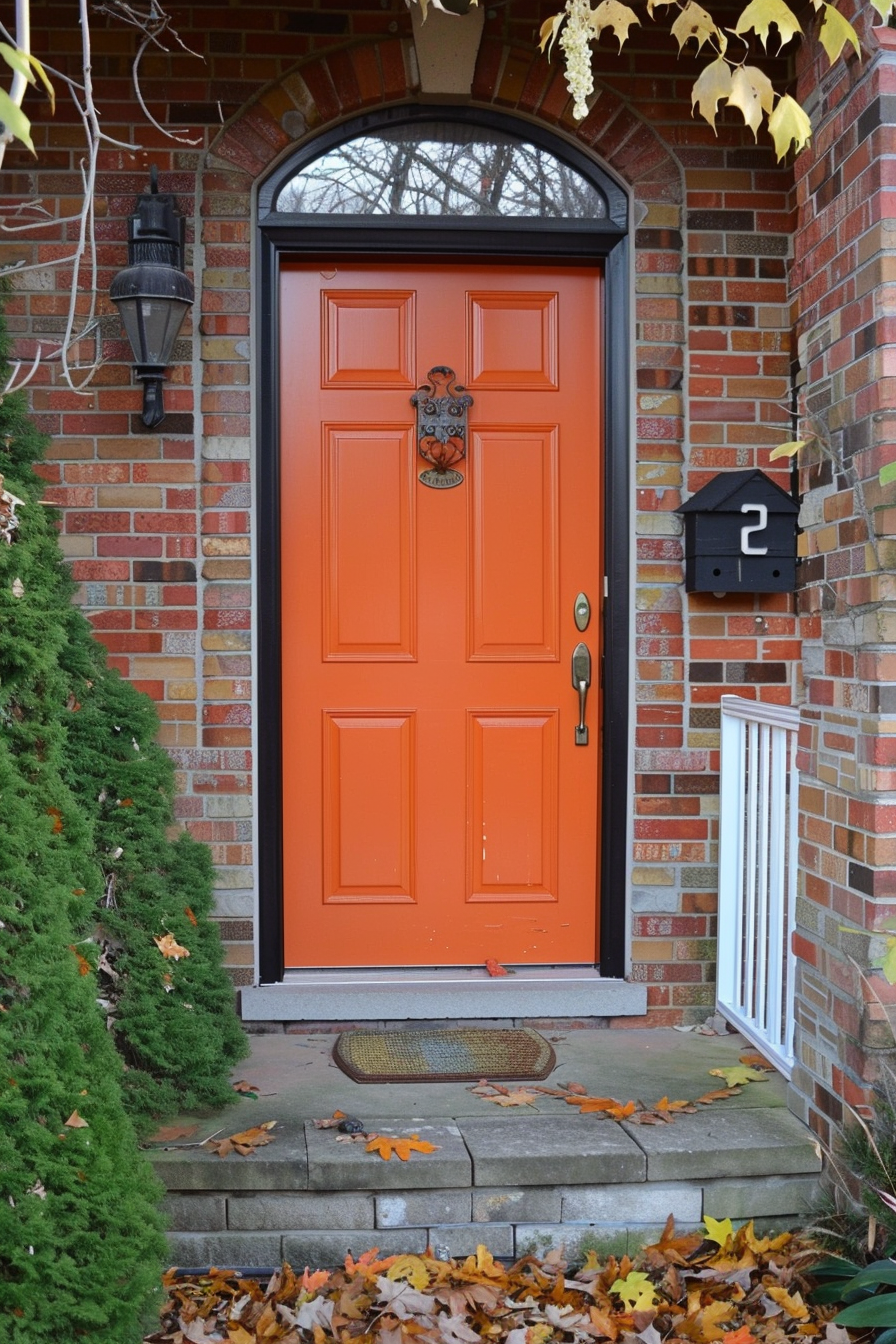 A vibrant orange front door of a house framed by brick walls, with fallen autumn leaves scattered on the doorstep.