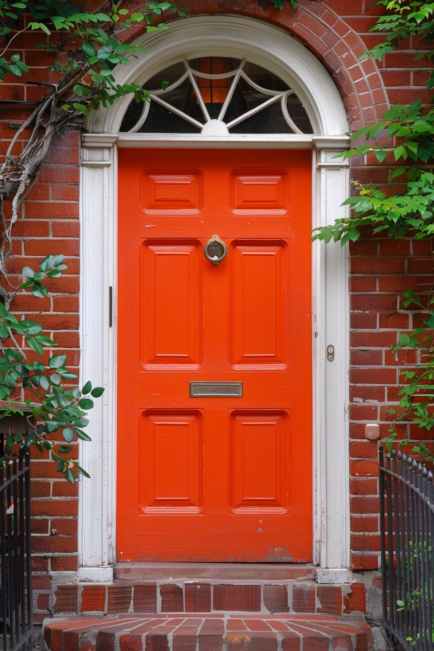 A bright orange-red door set in a brick building with an arched window and greenery on either side.