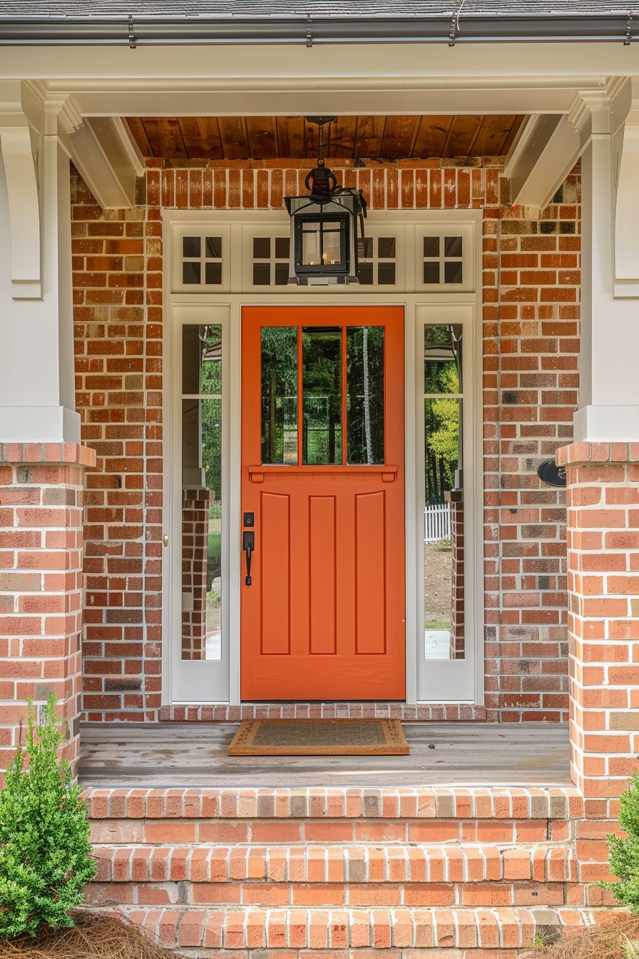 A welcoming red front door with glass windows on a house with a brick facade and a hanging lantern above.