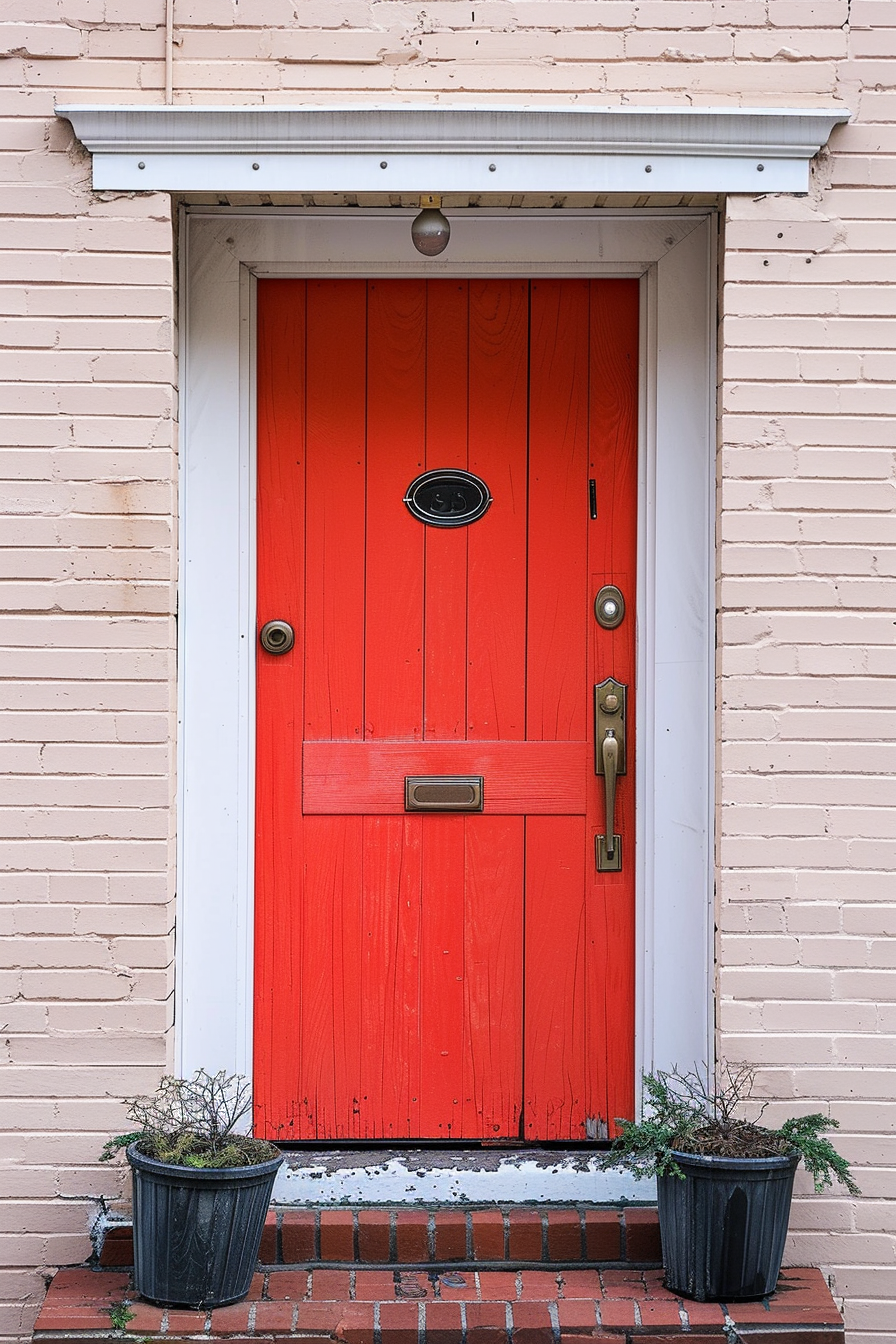A bright red door with a black doorknob and mail slot, flanked by two potted plants, against a beige brick wall.