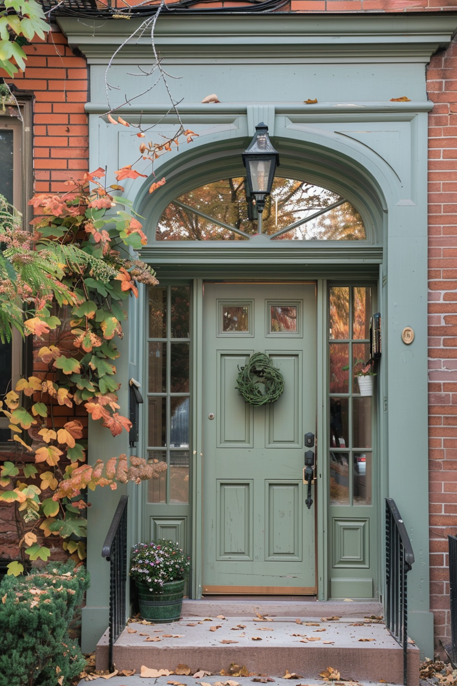 Charming entrance with a sage green door, wreath decoration, and a lantern, framed by autumn foliage and a brick facade.