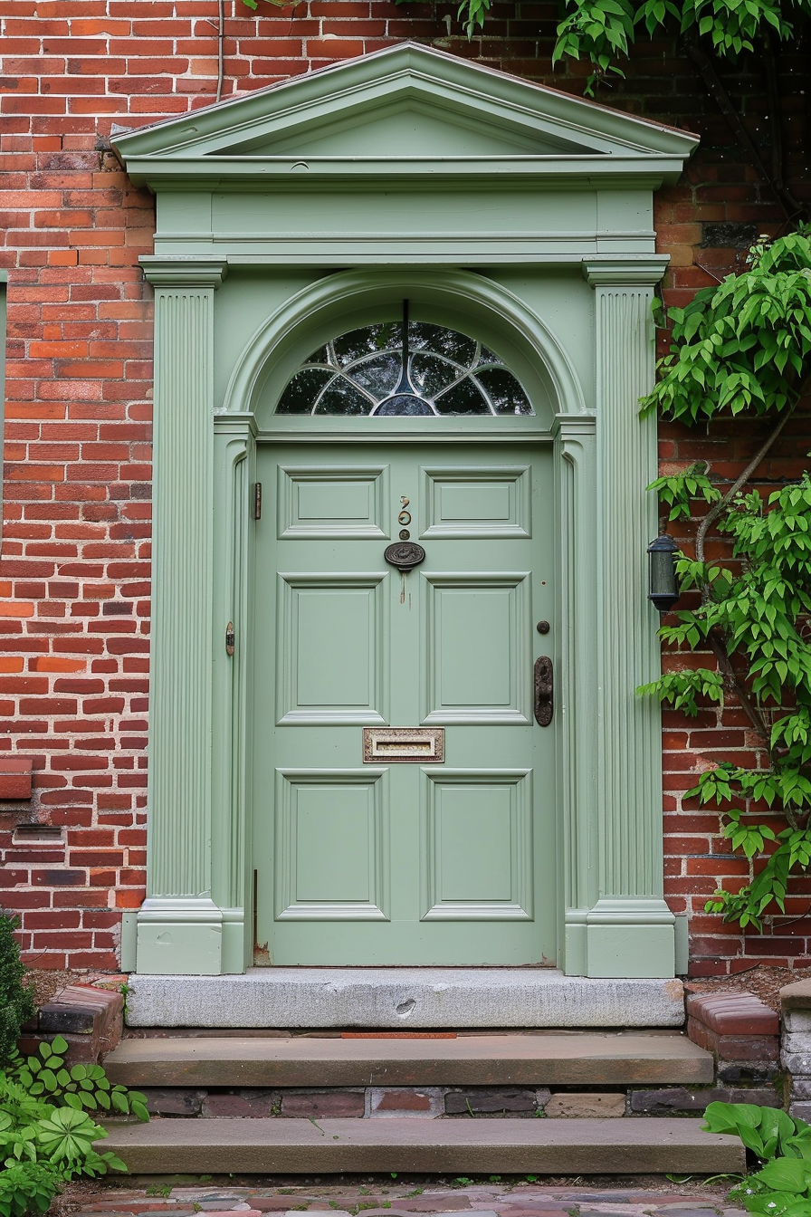 ALT: A traditional green door with an arched window on a brick building, adorned with a metal knocker and surrounded by greenery.
