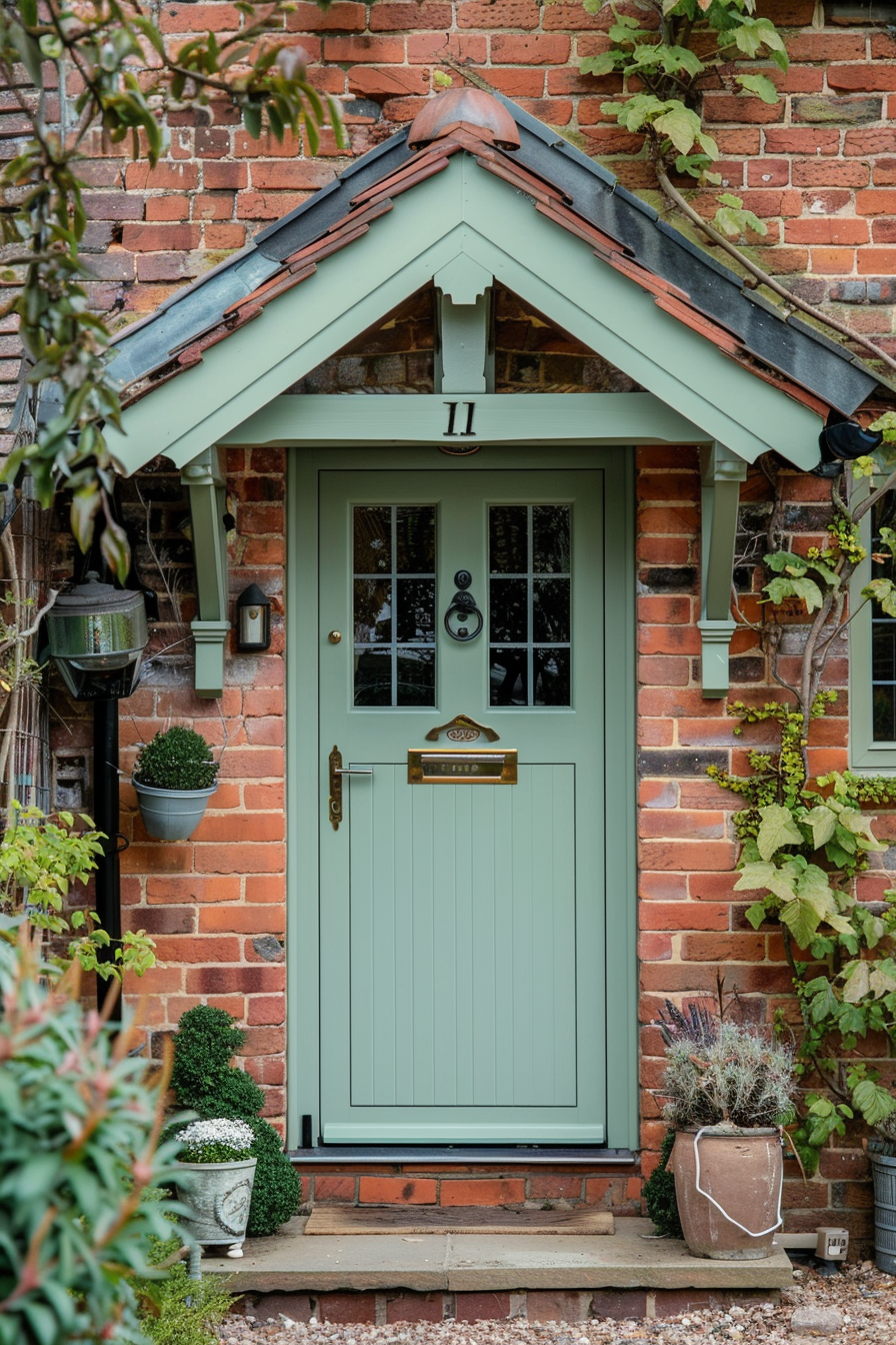 ALT: A quaint brick house's entrance with a pastel green door, number 11, adorned with brass fixtures and surrounded by potted plants.