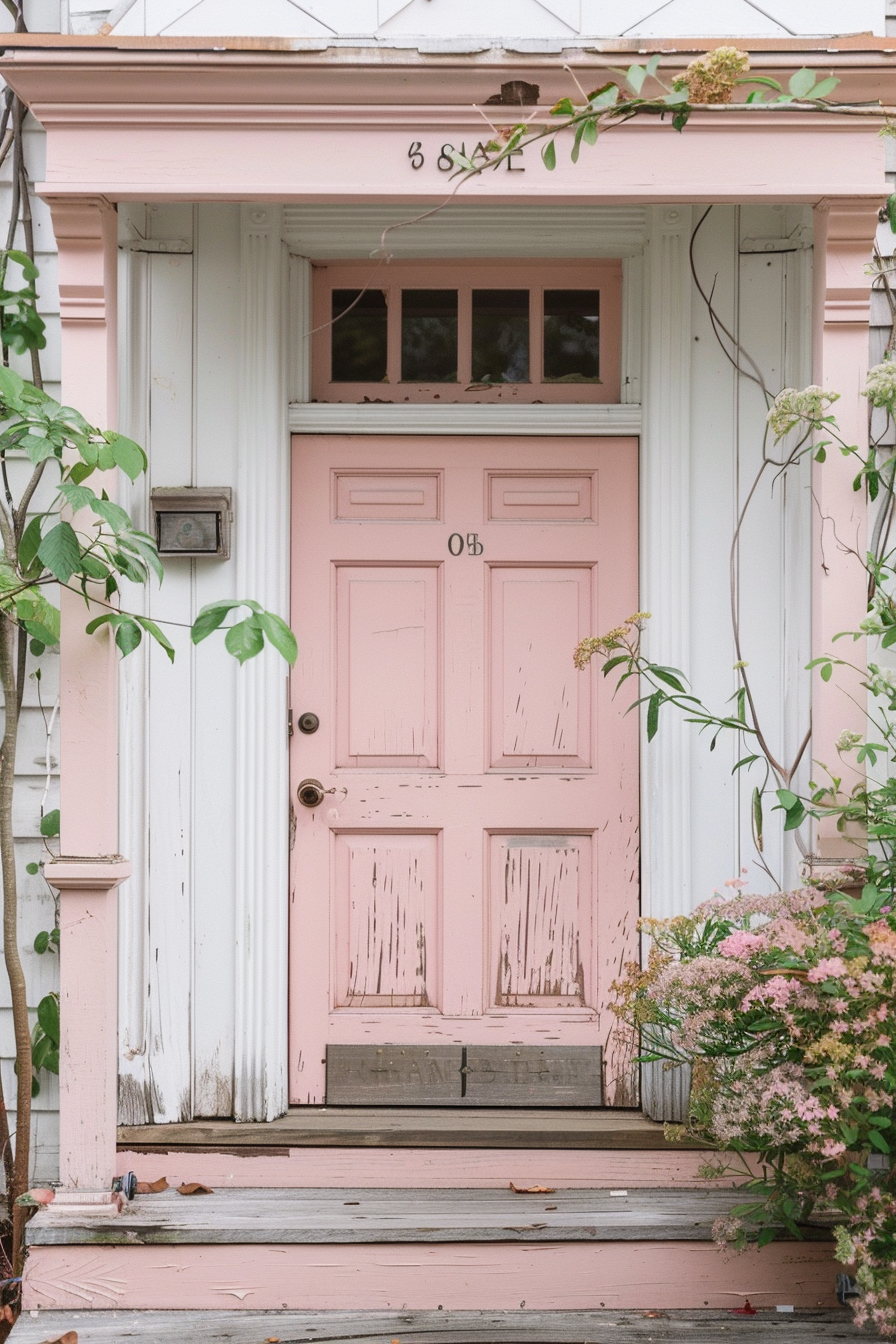 A weathered pink door of a house with floral overgrowth and a vintage mailbox beside it.