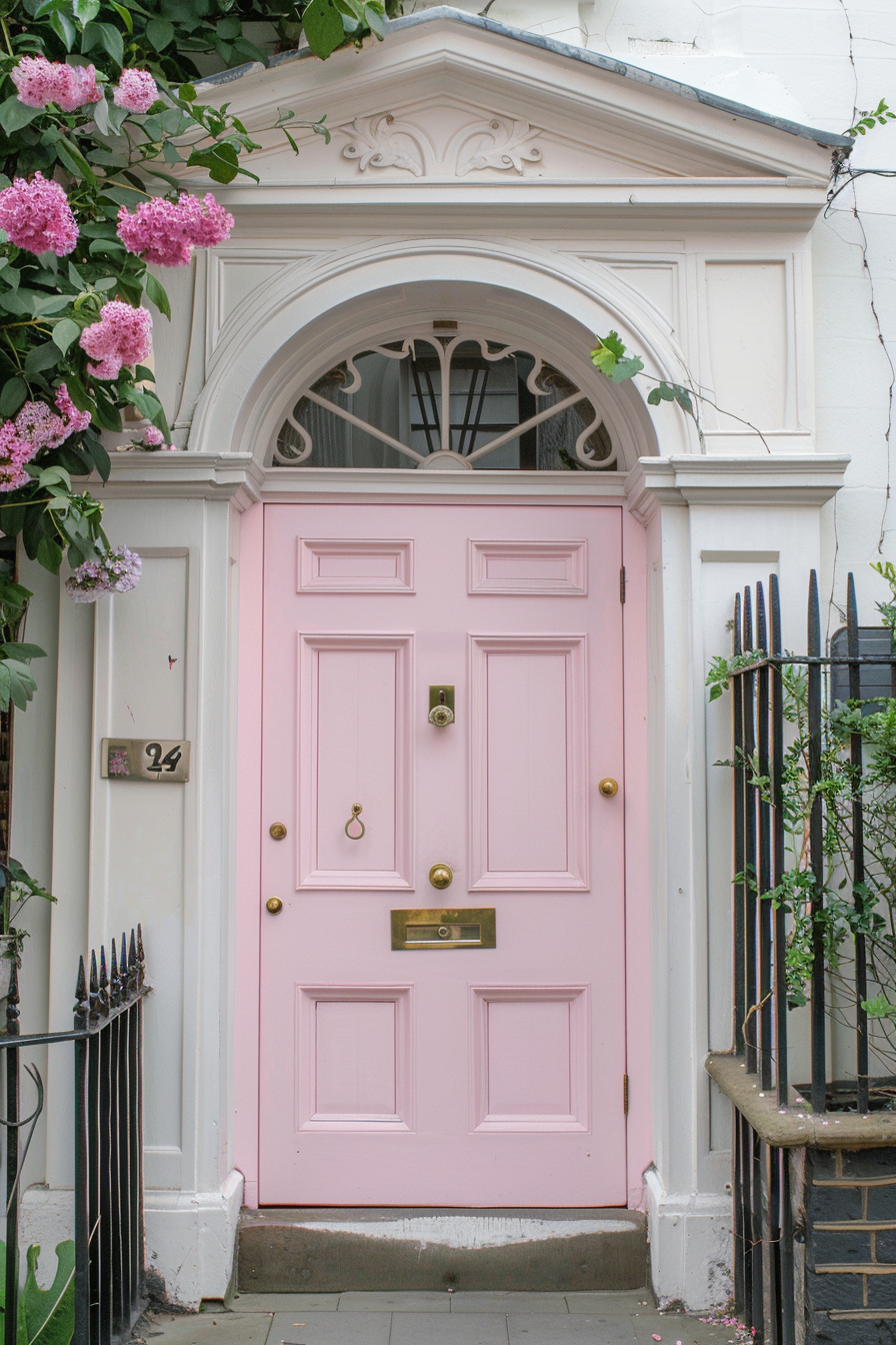 A charming pink door framed by an ornate white arch and surrounded by blooming lilac flowers and green foliage.