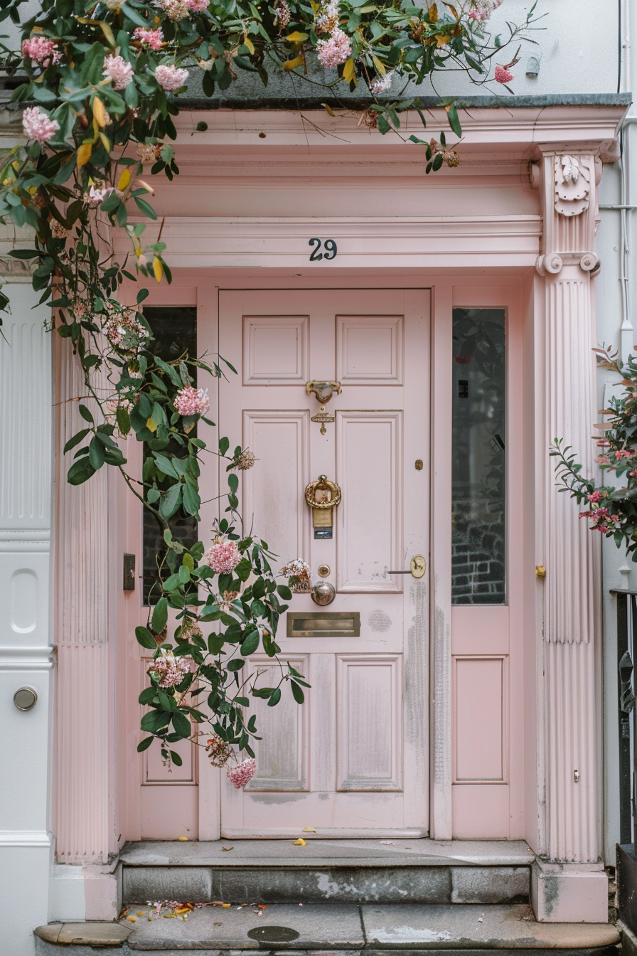 A charming pink front door adorned with a golden door knocker and framed by green foliage and pink flowers.