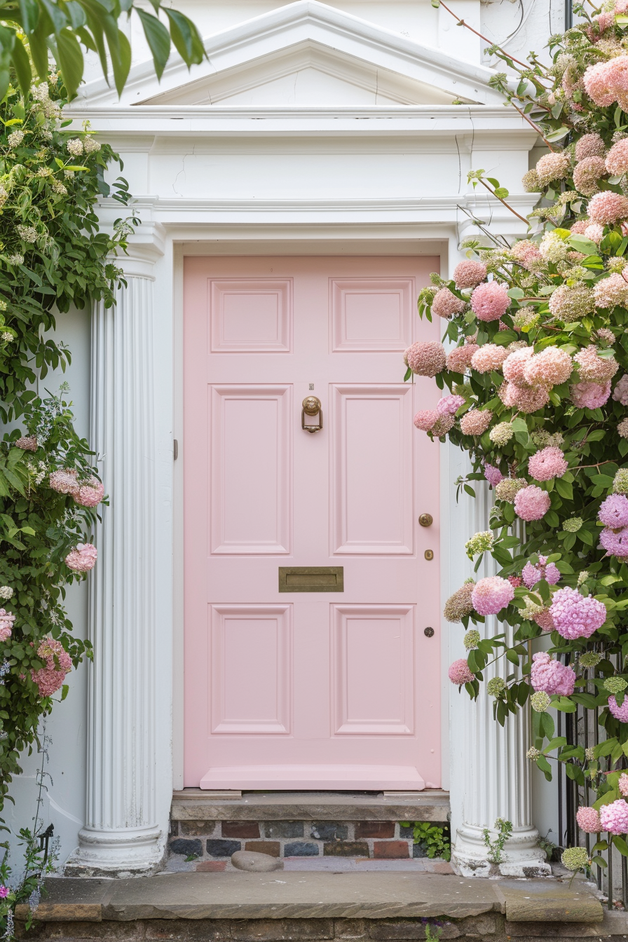 A charming pastel pink front door of a house with white columns and abundant pink hydrangeas on either side.