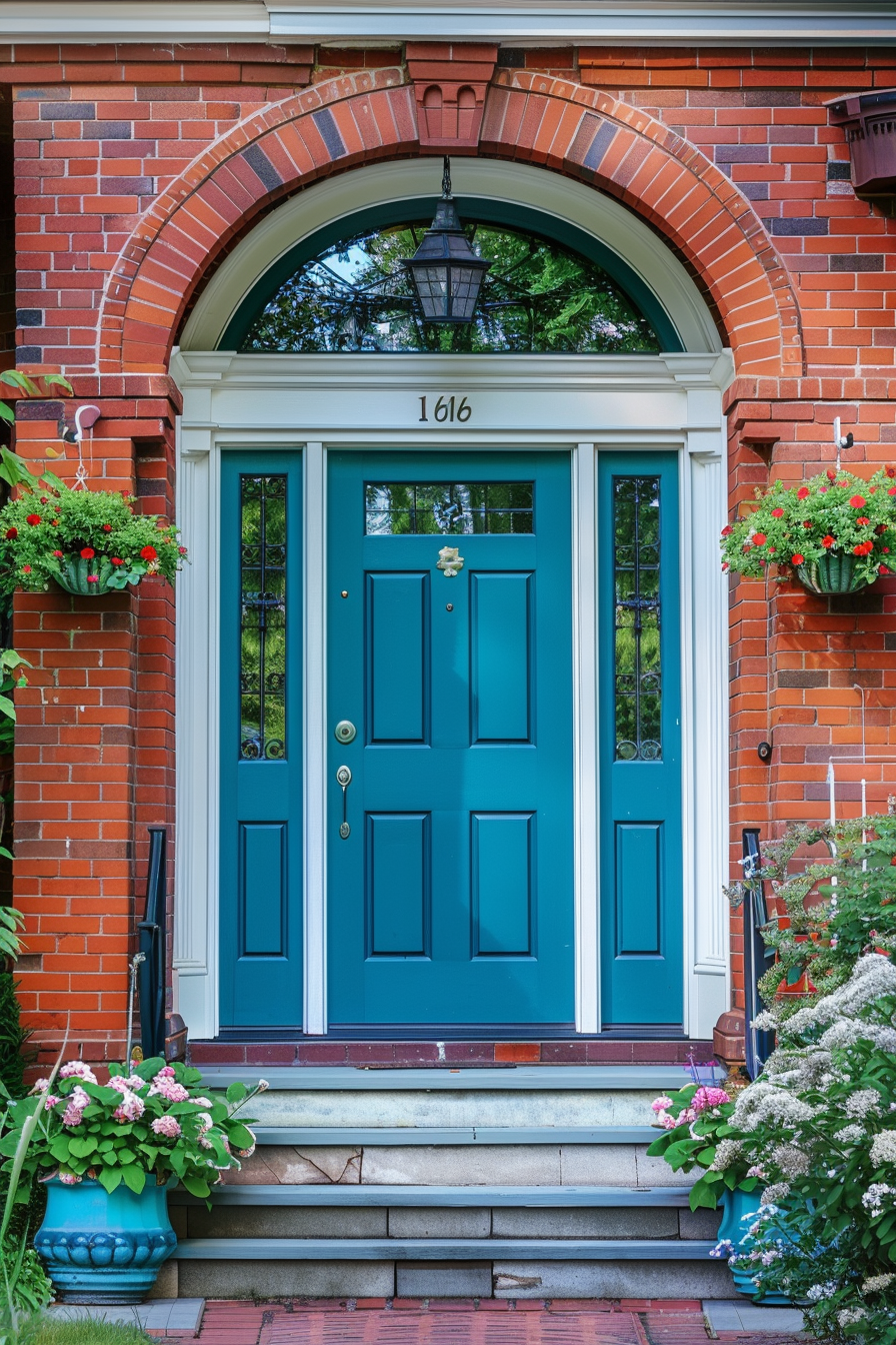 A teal front door with panels, flanked by side windows, on a brick house adorned with hanging flower baskets and potted plants.