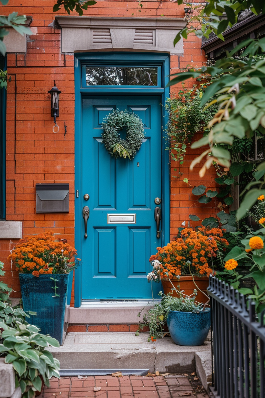 A bright blue door on a red brick house adorned with a wreath, flanked by potted orange flowers and greenery.