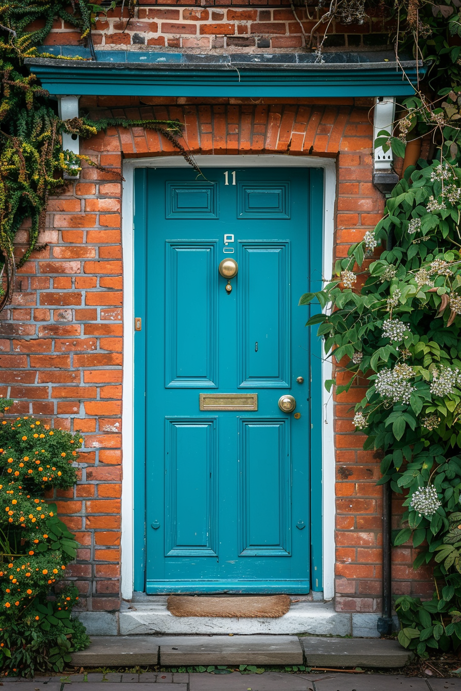 A charming teal front door with brass fixtures on a red brick house, adorned with green foliage and flowers.