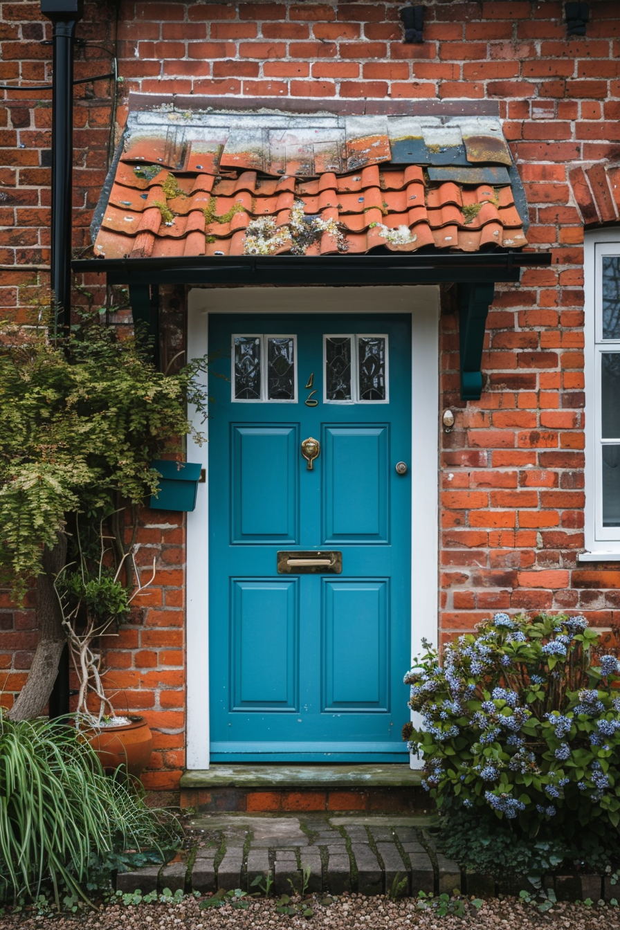 A charming teal door with decorative glass panels set in a red brick house, adorned with greenery and blooming flowers.
