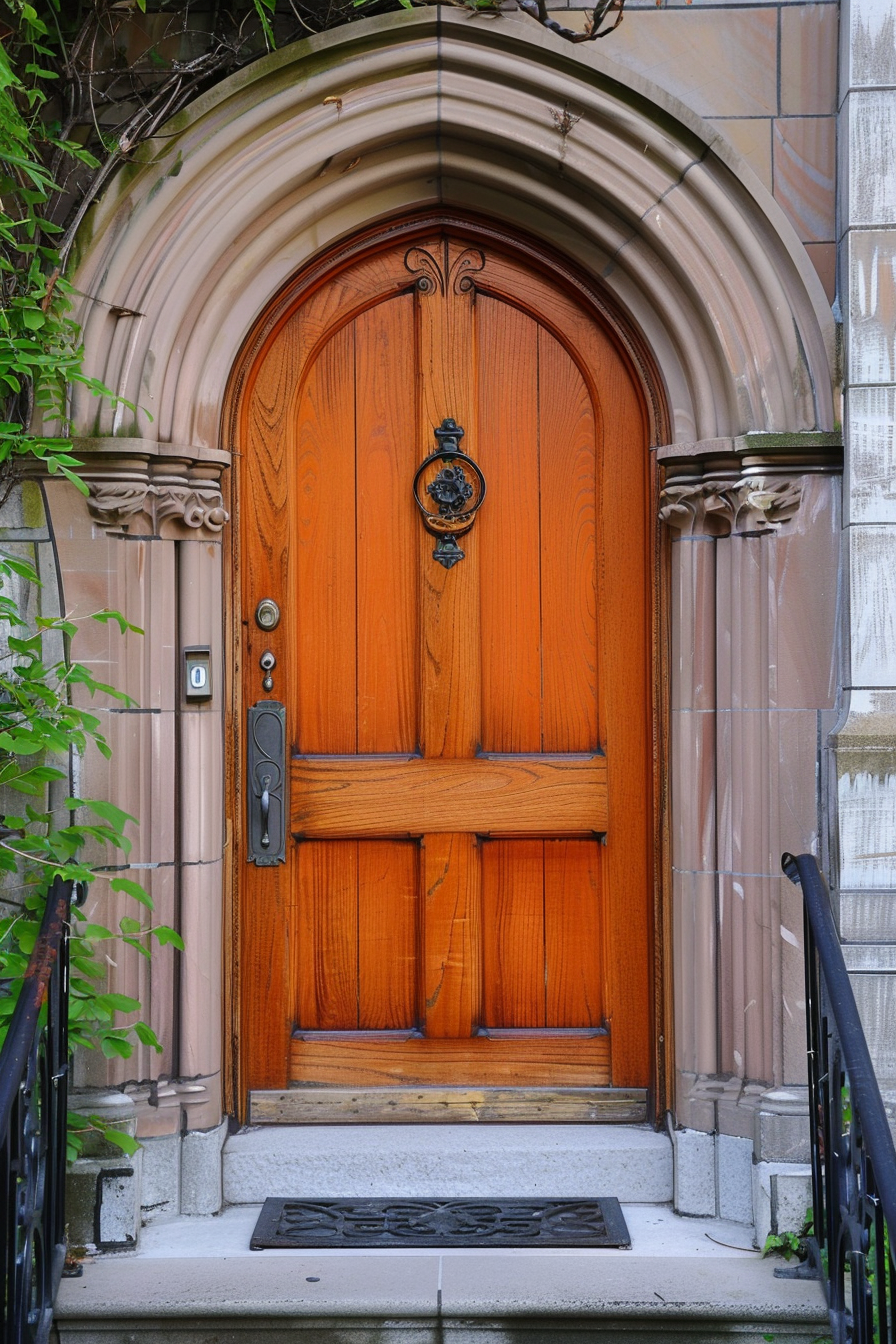 Orange wooden arched door with decorative knocker, set in a stone building with steps and iron railings.