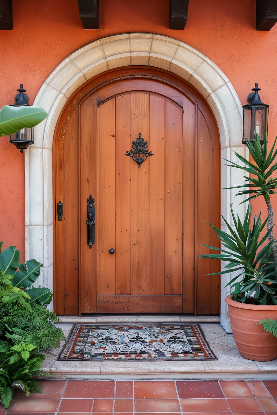 Arched wooden door with decorative ironwork, flanked by plants and a mosaic welcome mat, set in an orange wall.
