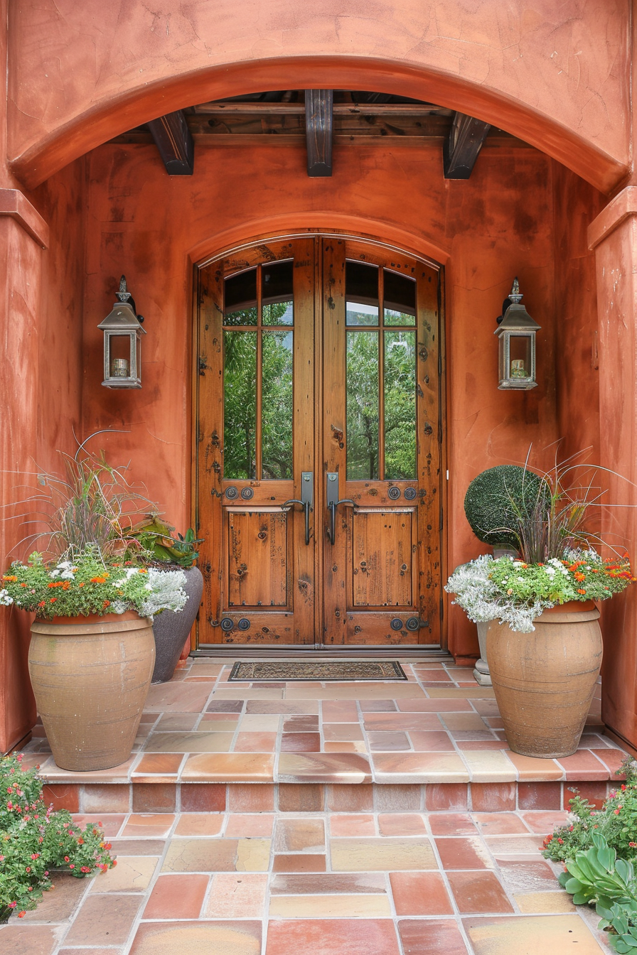 ALT text: "A rustic wooden double door set in a terracotta-colored archway, flanked by potted plants and lanterns, leading to a tiled entrance."