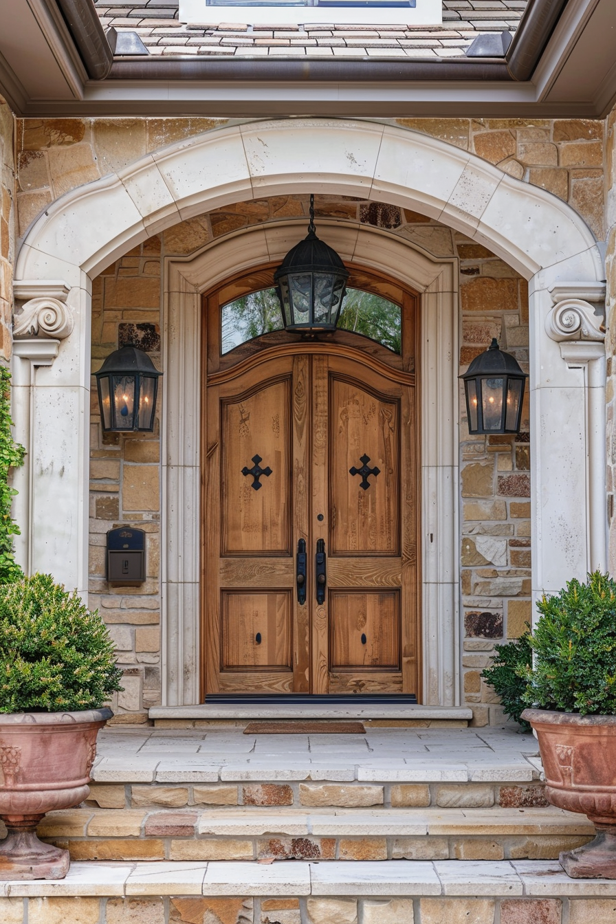 Elegant wooden double doors with black iron details, flanked by lanterns and potted plants, set in a stone arch entranceway.