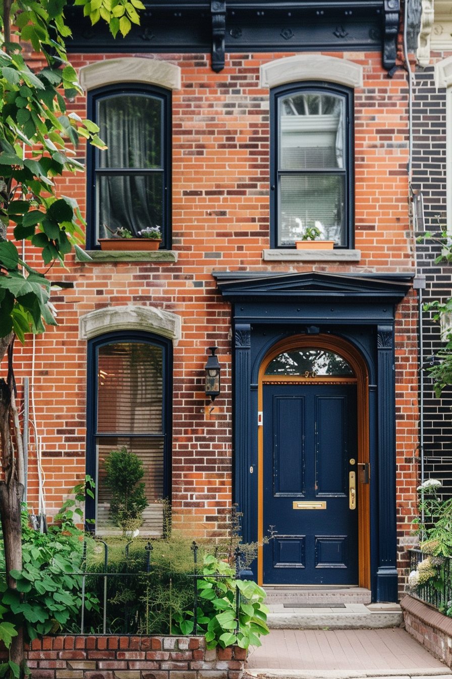 A charming brick townhouse facade with a dark blue front door, black trim, and greenery around the entrance.