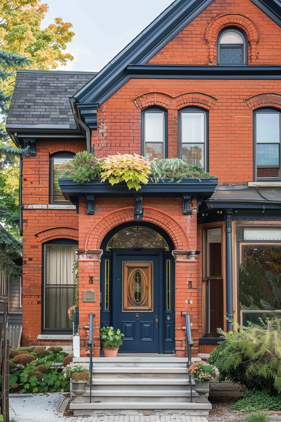 ALT: Charming red brick Victorian house with a dark blue front door, adorned with a gold oval detail, flanked by windows and lush greenery.