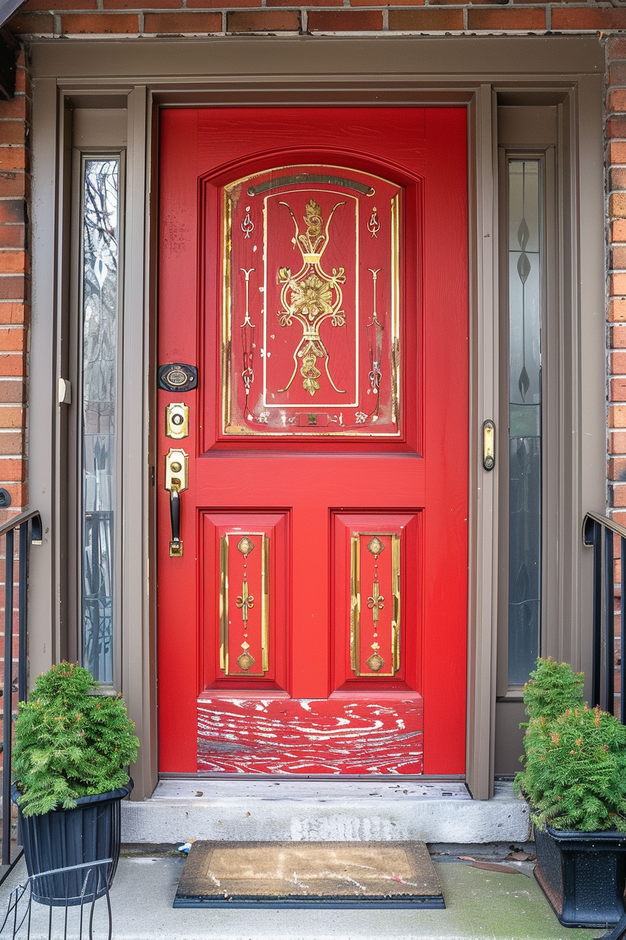 A vibrant red door with ornate gold detailing, flanked by two potted shrubs, on a house with brick exterior.