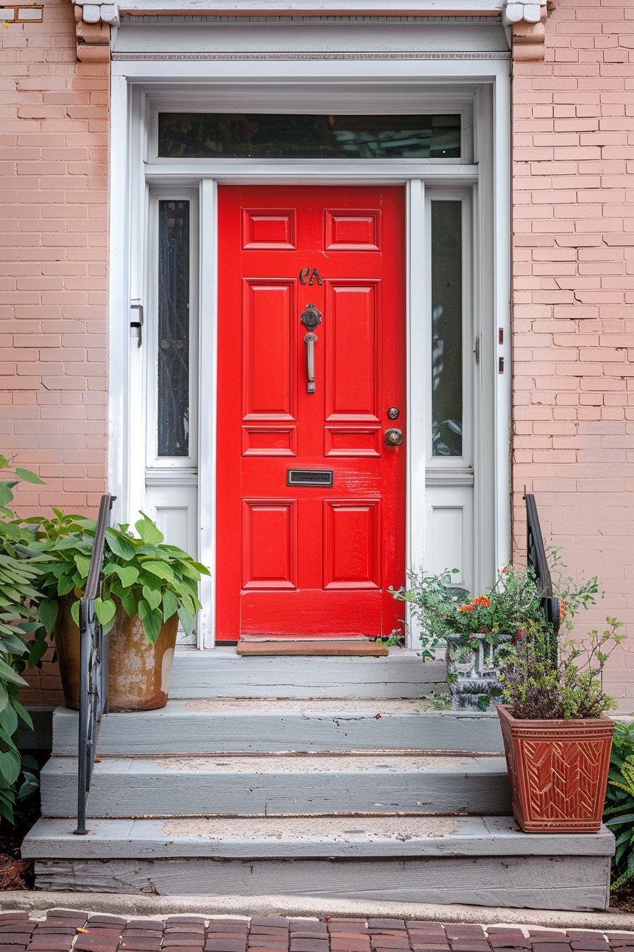 A bright red door on a brick building flanked by potted plants and gray steps leading up to the entrance.