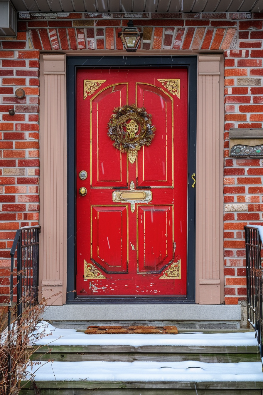 Red front door with gold accents and seasonal wreath, framed by brick walls and snowy steps.