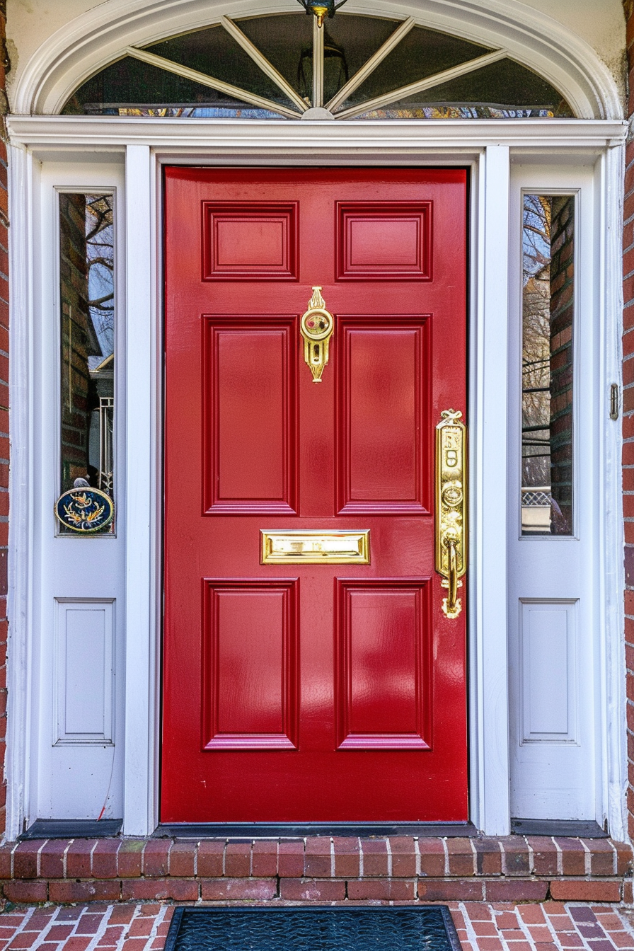 A bright red front door with gold hardware, house number 850, and a decorative emblem on a brick house with white trim.