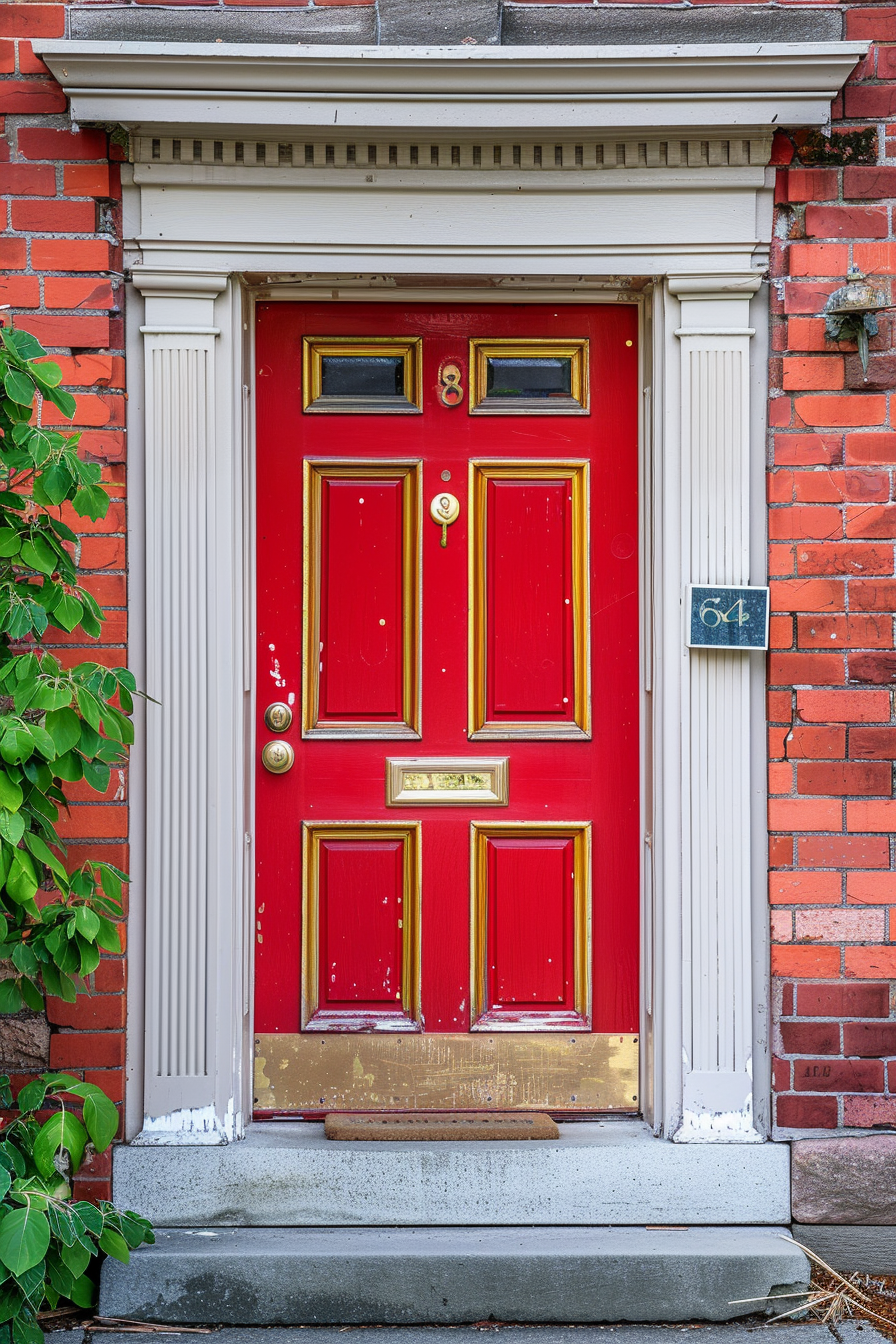 A vibrant red double door set in a brick wall with white trim and a house number sign displaying '64'.