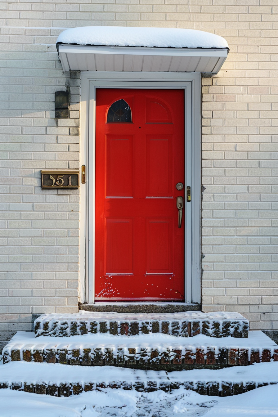 A bright red door on a snow-covered brick doorstep with the house number '551' beside it, against a white brick wall.