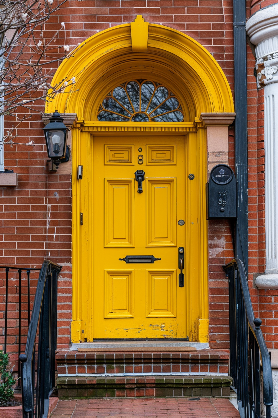 Bright yellow arched doorway on a brick building with a transom window, flanked by a wall-mounted lantern and mailbox.