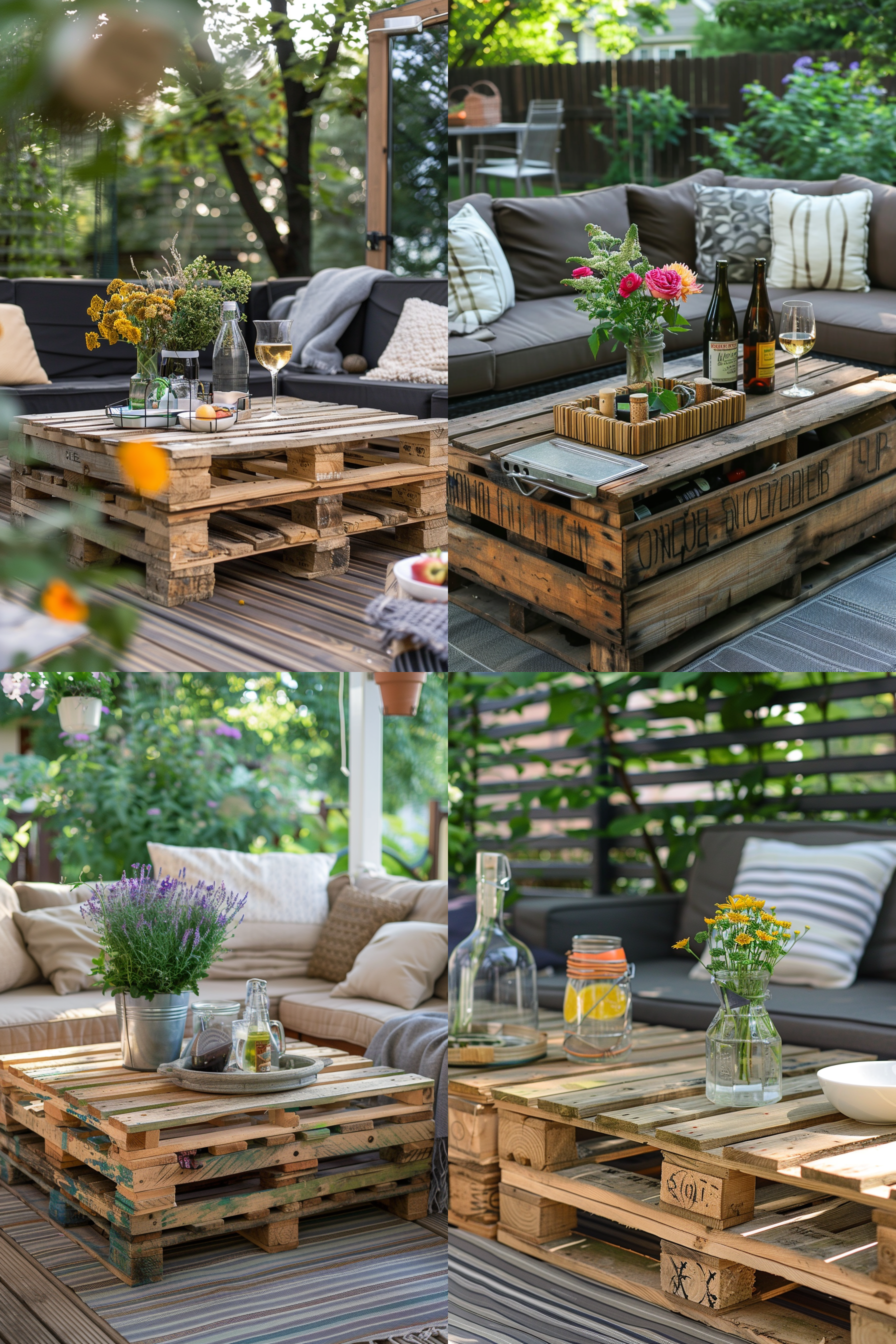 Outdoor living space featuring furniture made of stacked wooden pallets, with cushions, plants, and decorative items.