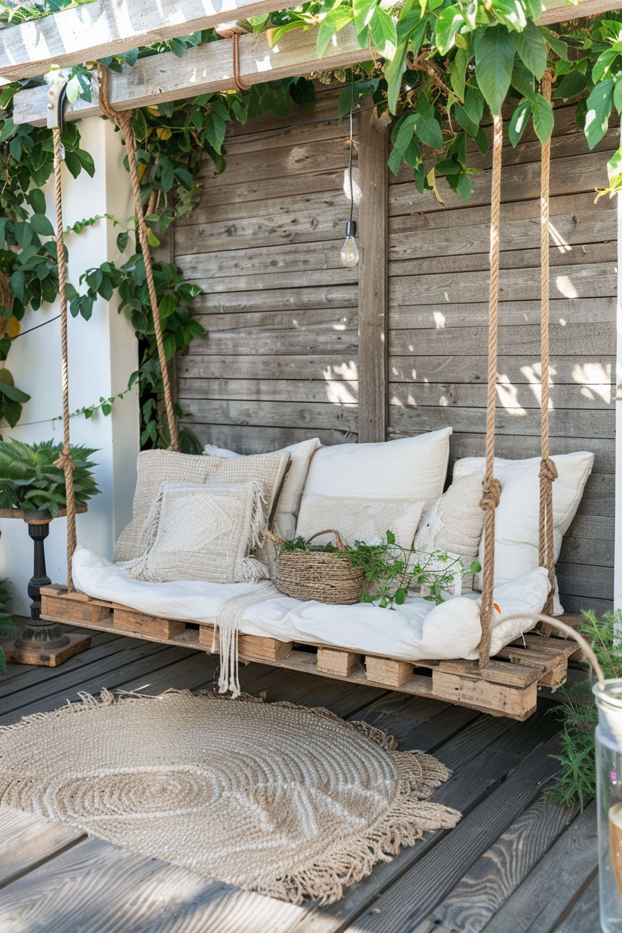A cozy outdoor swinging bed made of pallets, with plush pillows, under a pergola with trailing vines, next to potted plants.
