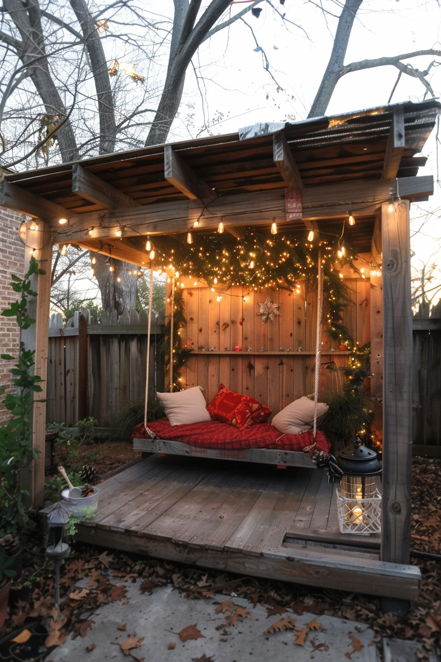 Outdoor swing bed with cushions, adorned with festive lights and decorations, in a twilight garden setting.