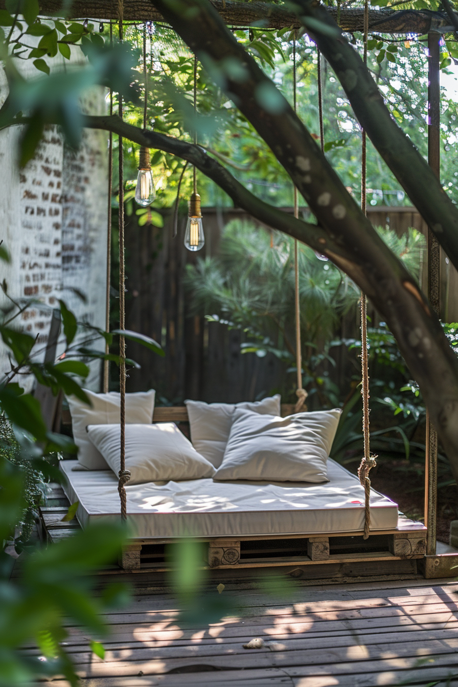 ALT: A serene outdoor swing bed with white cushions hanging by ropes, flanked by dangling Edison bulbs, surrounded by lush greenery.