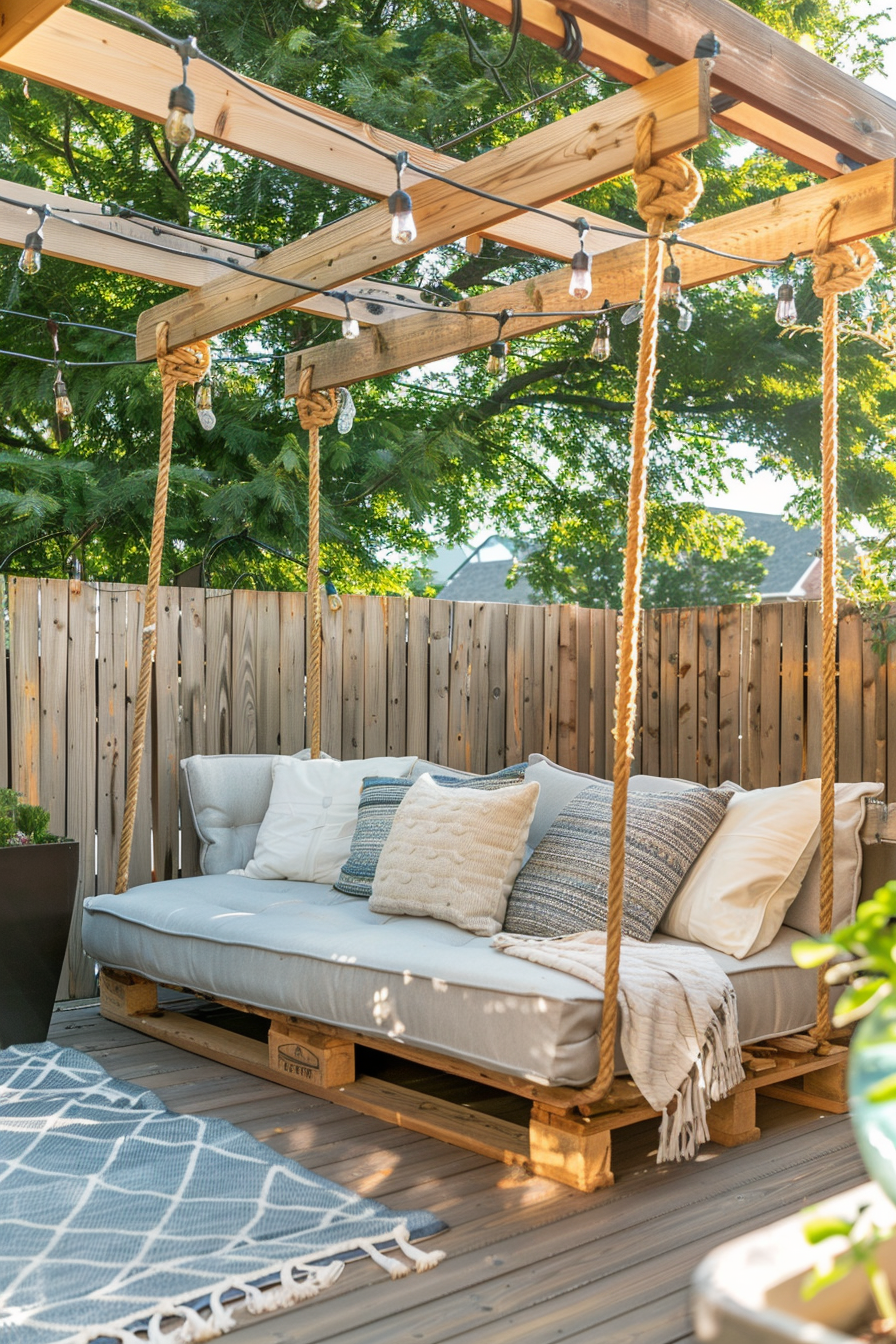 Cozy backyard swing bed with cushions, suspended by ropes under a pergola with string lights, surrounded by a wooden fence.