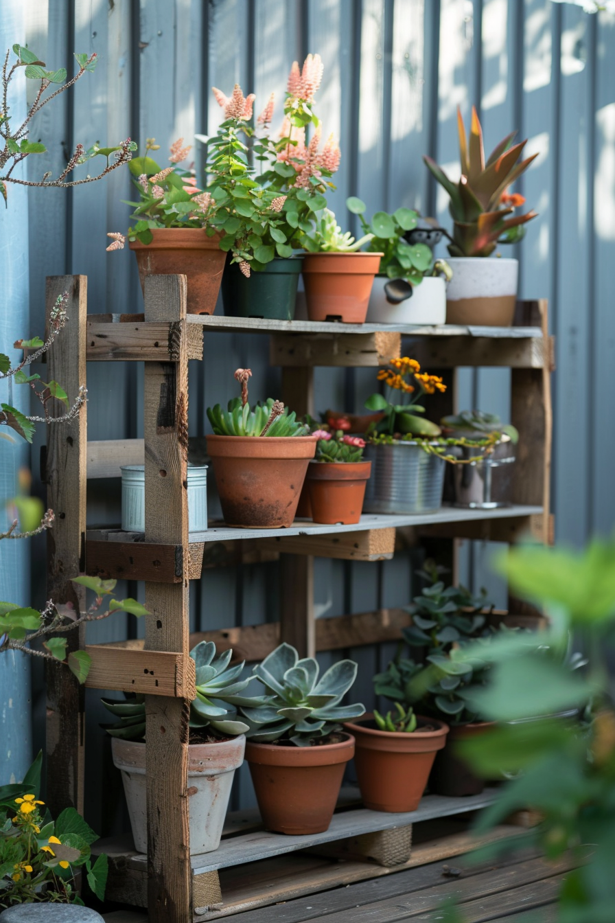 A rustic wooden shelf with various potted succulents and plants against a corrugated blue metal fence.