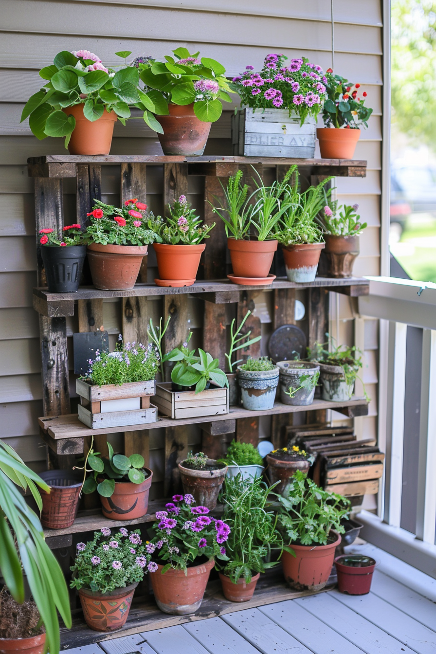 A variety of potted plants neatly organized on a wooden pallet shelf on a porch, with a mixture of blooms and greenery.