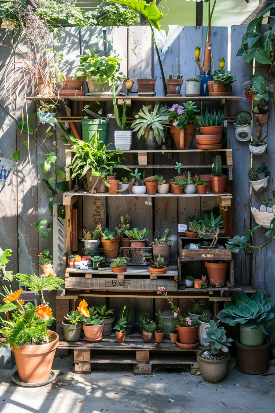 An outdoor shelving unit filled with a variety of potted plants and succulents in a sunlit garden setting.