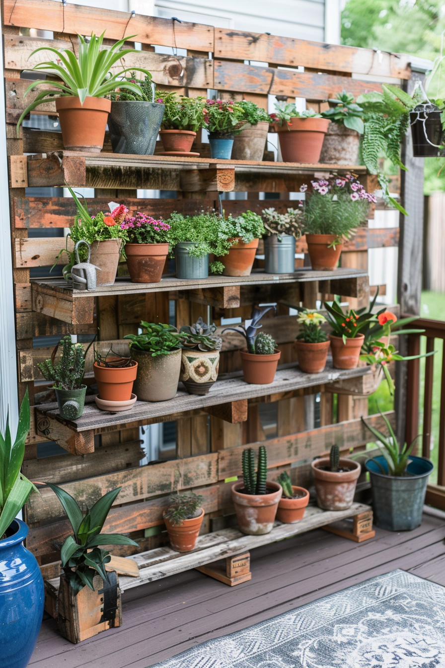 A rustic wooden shelving unit filled with various potted plants on an outdoor deck.